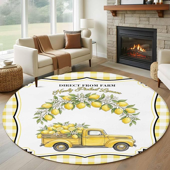 Washable Round Area Rug Farm Yellow Truck Lemon Fruit Circle Rugs Floor Carpet for Living Room Bedroom, Flower Leaves Buffalo Plaid Soft Non Slip Round Rug 5ft