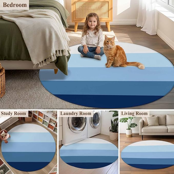 Washable Round Area Rug Minimalist Blue White Ombre Stripe Circle Rugs Floor Carpet for Living Room Bedroom, Modern Gradient Art Soft Non Slip Round Rug 4ft
