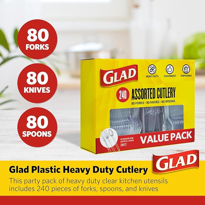 Glad Clear Disposable Cutlery Set with Heavy Duty Plastic Forks, Knives, and Spoons, Reusable Dishwasher Safe Plastic Utensils for Parties and Everyday Use, 240 Count