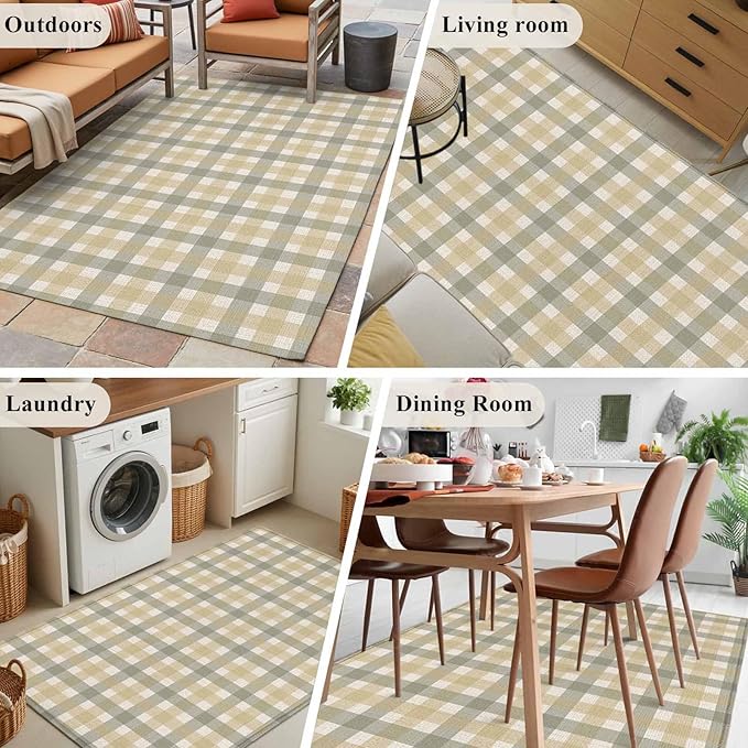 Area Rug 4x6ft, Farmhouse Vintage Beige Tan Buffalo Plaid Washable Rugs for Living Room Bedroom, Rustic Linen Soft Non-Slip Area Rugs Rectangle Floor Carpet for Dining Room