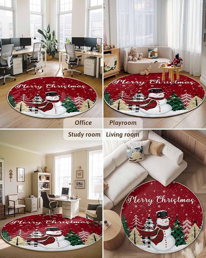 Round Area Rug,Christmas Snowman Green Pine Tree Circle Living Room Rug Non-Slip Rugs Indoor Carpet,Winter Snowflakes on Red Soft Comfort Rugs for Bedroom KidsRoom Nursery