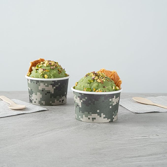 Restaurantware Coppetta 3-Ounce Dessert Cups, 200 Disposable Ice Cream Cups - Lids Sold Separately, Sturdy, Camouflage Paper FroYo Bowls, For Hot And Cold Foods, Perfect For Gelato Or Mousse