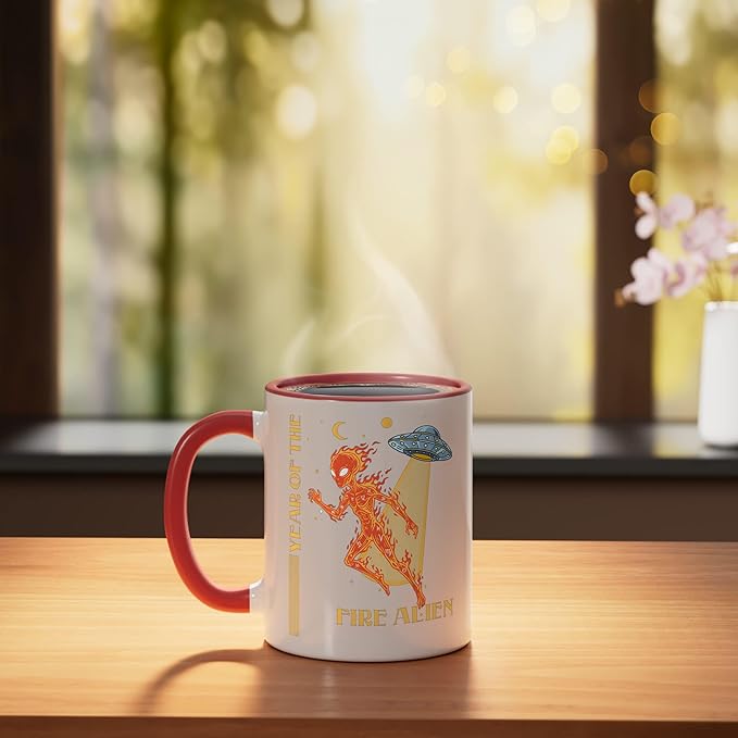 Year of the Fire Alien Chinese Zodiac Celestial Astrology Ceramic Mug, Red/White