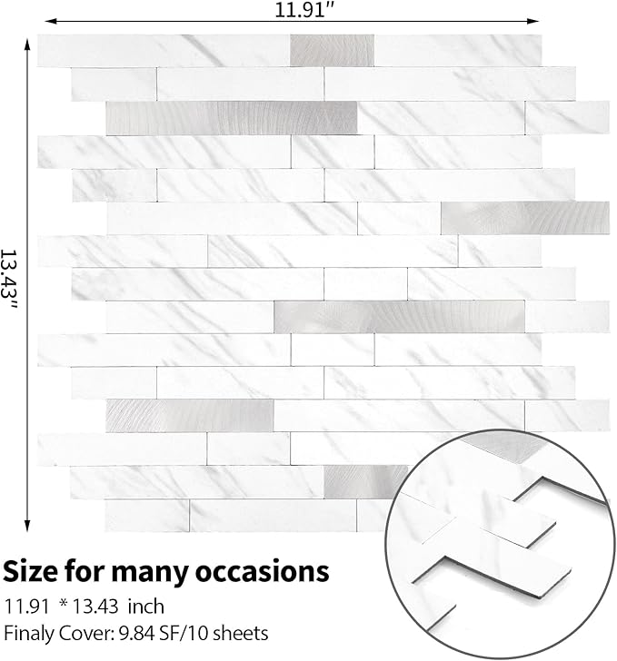 Yipscazo 1 Sheet Peel and Stick Stone Metal Tile Backsplash, Stick on Tiles for Backsplash Kitchen, Bathroom, Laundry Room, Camper, Fireplace (12'' X 12'', White Stone with Metal)