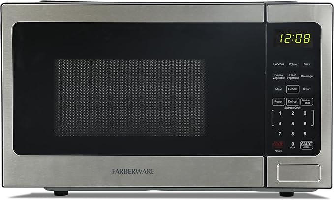 Farberware 0.9 Cu. Ft. Countertop Microwave Oven – 900 Watts Power, Auto Cook Settings, Defrost, Easy Clean and Child Safety Lock - Stainless