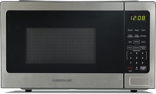 Farberware 0.9 Cu. Ft. Countertop Microwave Oven – 900 Watts Power, Auto Cook Settings, Defrost, Easy Clean and Child Safety Lock - Stainless