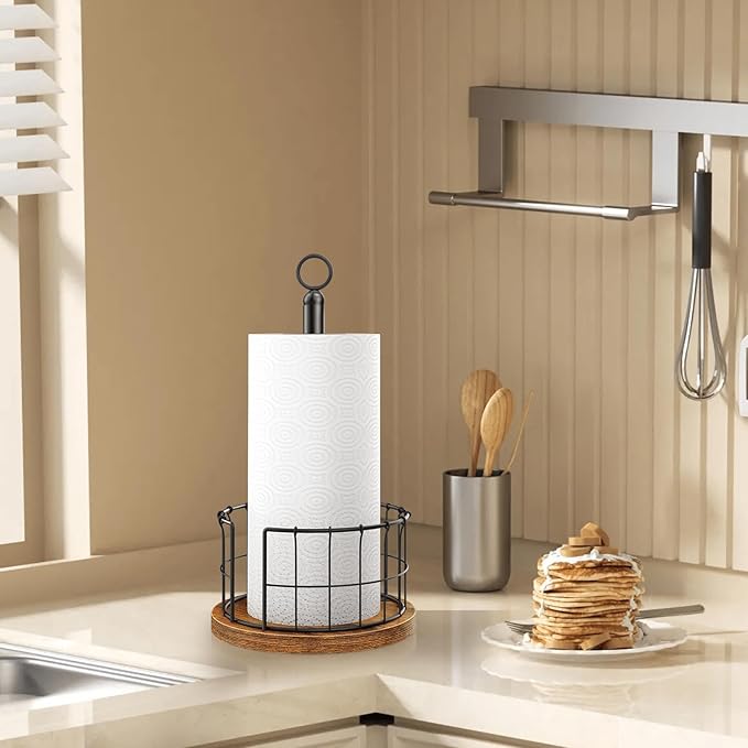Homode Paper Towel Holder Stand, Countertop Paper Towel Holder with Weighted Base, Farmhouse Standing Paper Towel Roll Dispenser for Kitchen Counter, Fits Standard or Jumbo-Sized Rolls, Rustic Brown