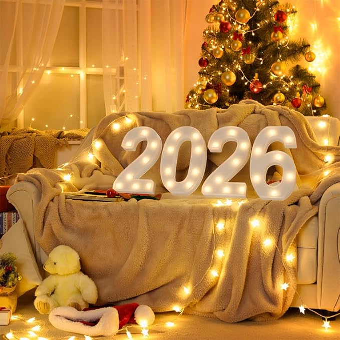 Marquee Numbers 2026 Light up Numbers 2026 Marquee Number for New Year Decorations Battery Powered LED Light White Plastic Number Sign for Happy New Year Graduation Engagement Wedding Birthday Decor