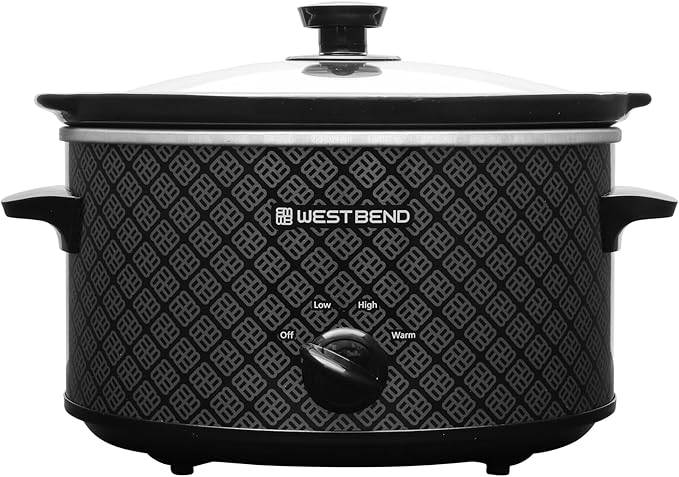 West Bend Slow Cooker 4-Quart Manual Crockery Style with Dishwasher Safe Oval Ceramic Crockpot and Glass Lid Two Temperature Settings Plus Keep Warm, 210-Watts, Black