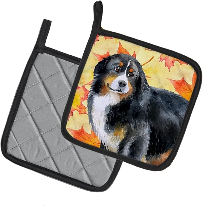 Caroline's Treasures BB9906PTHD Bernese Mountain Dog Fall Pair of Pot Holders, Yellow Kitchen Heat Resistant Pot Holders Sets Oven Hot Pads for Cooking Baking BBQ, 7 1/2 x 7 1/2