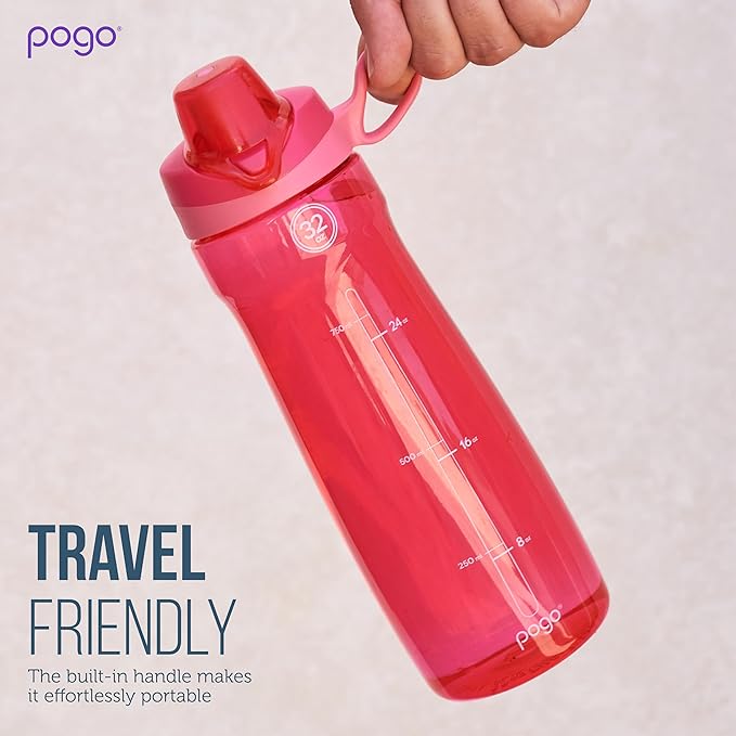 Pogo Plastic Water Bottle with Chug Lid and Carry Handle, Reusable, BPA Free, Dishwasher Safe, Perfect for Travel, School, Outdoors, and Gym | 18oz, 32oz, 40oz, 64oz
