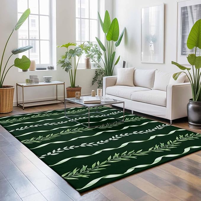 Area Rug 9x12ft, Botanical Leaves Green Ribbons Washable Rugs for Living Room Bedroom Rectangle Floor Carpet, Summer Foliage Plant Soft Non-Slip Area Rugs for Dining Room