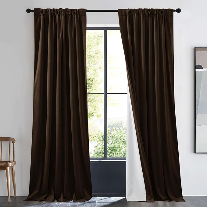 NICETOWN Brown 100% Blackout Warm Velvet Curtain for Living Room, 1 Panel Rod Pocket/Back Tab/Hook Belt Cold Blocking Room Darkening Noise Canceling Window Treatment for Bedroom, W48 x L96