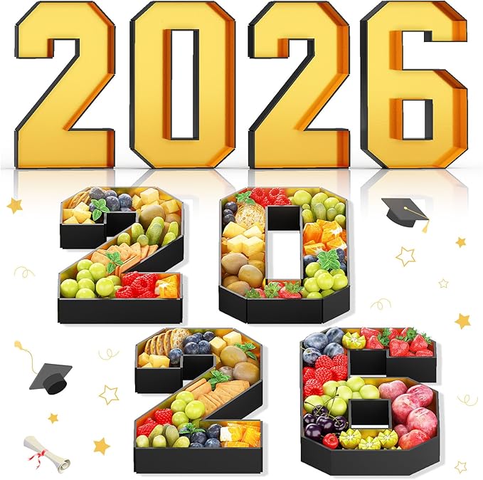 2026 Fillable Numbers for Charcuterie 13.8'' Cardboard Number Black Gold 2026 Shaped Board Trays for New Year Graduation Party Decorations Food Candy Paper Mache Cupcake Pans Cookies Box Container