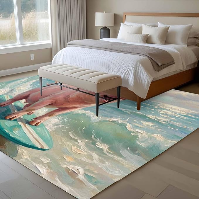 Area Rug 6x9ft, Surfing Farm Pink Pig Washable Rugs for Living Room Bedroom, Summer Blue Sea Wave Beach Soft Non-Slip Area Rugs Rectangle Floor Carpet for Dining Room