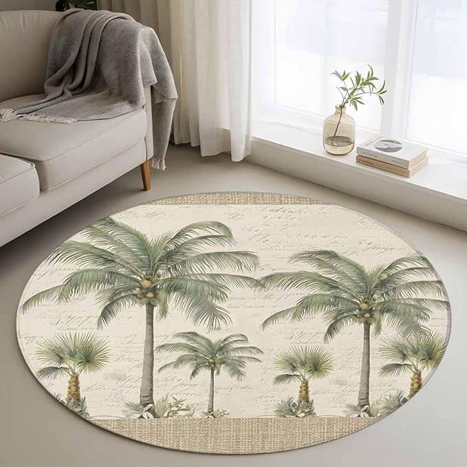 Washable Round Area Rug Coastal Tropical Olive Green Palm Trees Circle Rugs Floor Carpet for Living Room Bedroom, Classic Retro Linen Soft Non Slip Round Rug 3ft