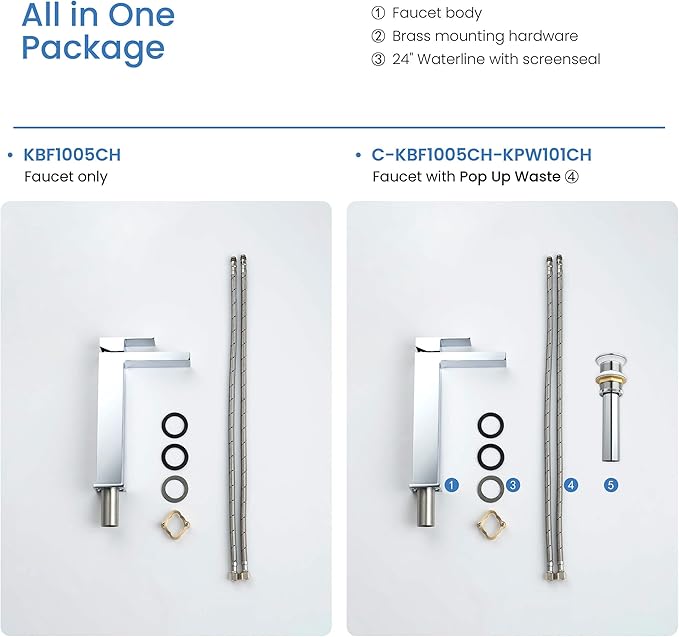 KIBI Waterfall Bathroom Sink Faucet | Single Handle Brass Vanity Faucet with Water Supply Hose | Durable Brass Construction and Smooth Water Flow | Chrome Finish, KBF1005 (Pop Up Drain Included)