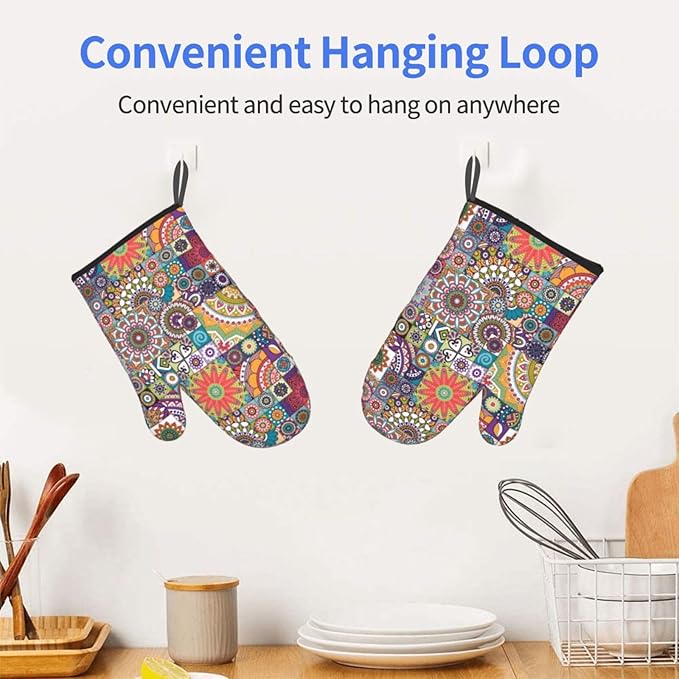 Boho Mandalas Oven Mitts of 2 Pack, Funny Kitchen Gloves Heat Resistant Non-Slip Kitchen Mitts for Cooking Baking Grilling