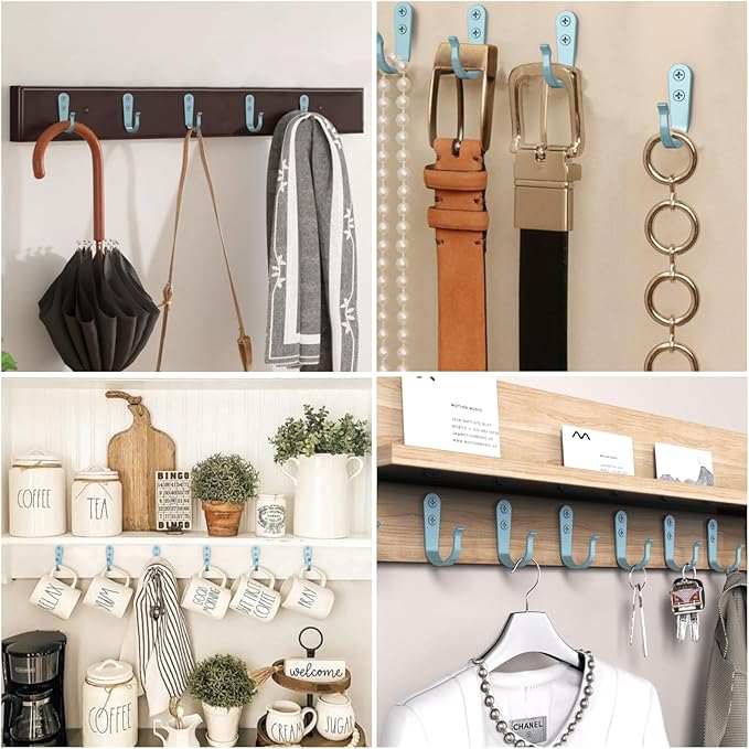 BREYDROK 20PCS Heavy Duty Metal Wall Hooks, Coat Hooks for Hanging - Single Prong with 40 Screws (Coats Towels Backpacks) - Light Blue