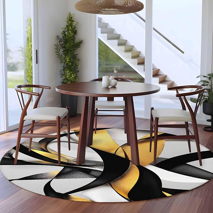 Washable Round Area Rug Modern Geometric Stripe Texture Circle Rugs Floor Carpet for Living Room Bedroom, Abstract Gold Black White Line Soft Non Slip Round Rug 5ft