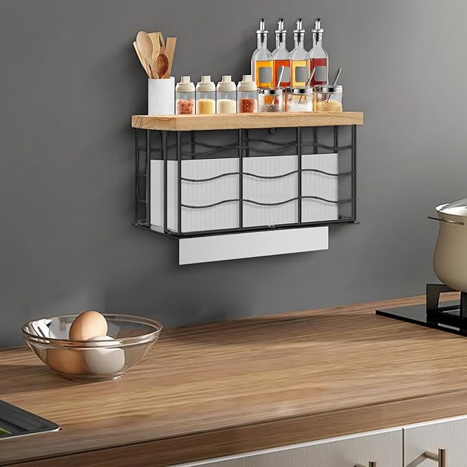 Paper Towel Dispenser, Metal Paper Towel Holder with Wood Lid, Commercial Napkin Dispenser, Tri-Fold Paper Towel Stand for Home Bathroom Kitchen, Wall Mounted & Countertop (Matte Black)
