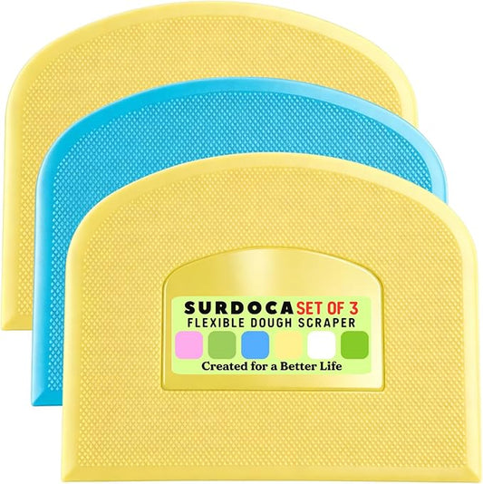 SURDOCA Dough Scraper Bench Scraper - 3P 14.2x8.5" Plastic Flexible Bowl Scraper, Sharp Edge & Angles Cake Scraper. Non-Slip Bakeware Decorating Tools Sculpting & Modeling Tools - Yellow+Blue+Yellow
