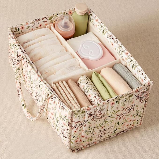 Quilted Fabric Storage Basket Floral Baby Diaper Caddy Quilted Basket for Nursery Bedroom Car Storage (L- Beige 03)