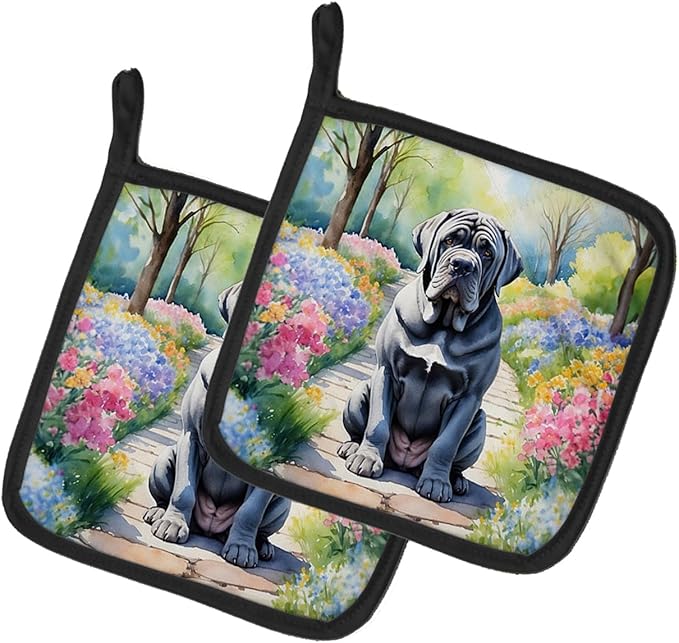 Caroline's Treasures Neapolitan Mastiff Spring Path Pair of Pot Holders Kitchen Heat Resistant Pot Holders Sets Oven Hot Pads for Cooking Baking BBQ, 7 1/2 x 7 1/2