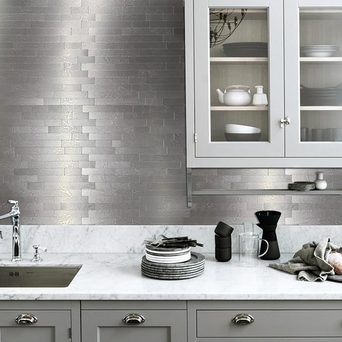 WEIMEISC 10 Sheets Peel and Stick Backsplash Tile for Kitchen, Self-Adhesive Mosaic Tile, Stick on Bathroom Vanities，Fireplace Décor, Laundry Table (Metal Grey Wooden Texture)