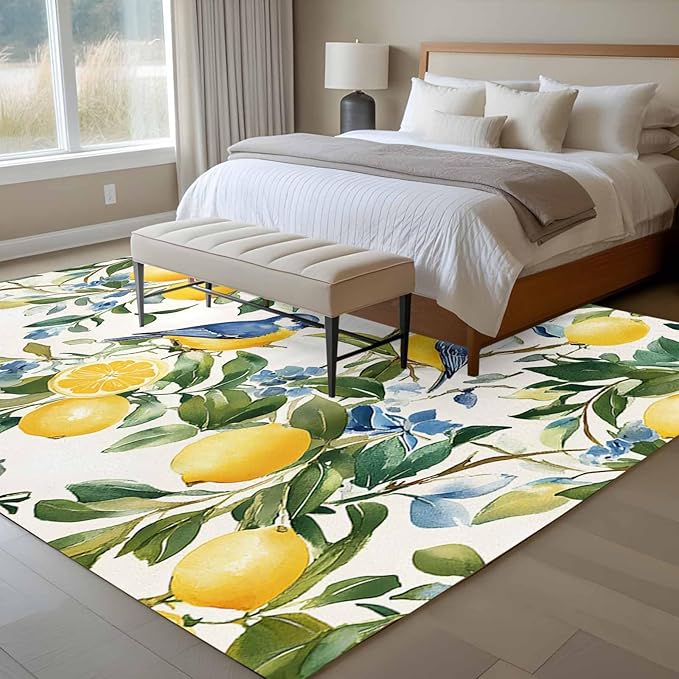 Area Rug 6x9ft, Pastoral Vintage Lemon Blue Bird Washable Rugs for Living Room Bedroom, Retro Yellow Fruit Flowers Soft Non-Slip Area Rugs Rectangle Floor Carpet for Dining Room