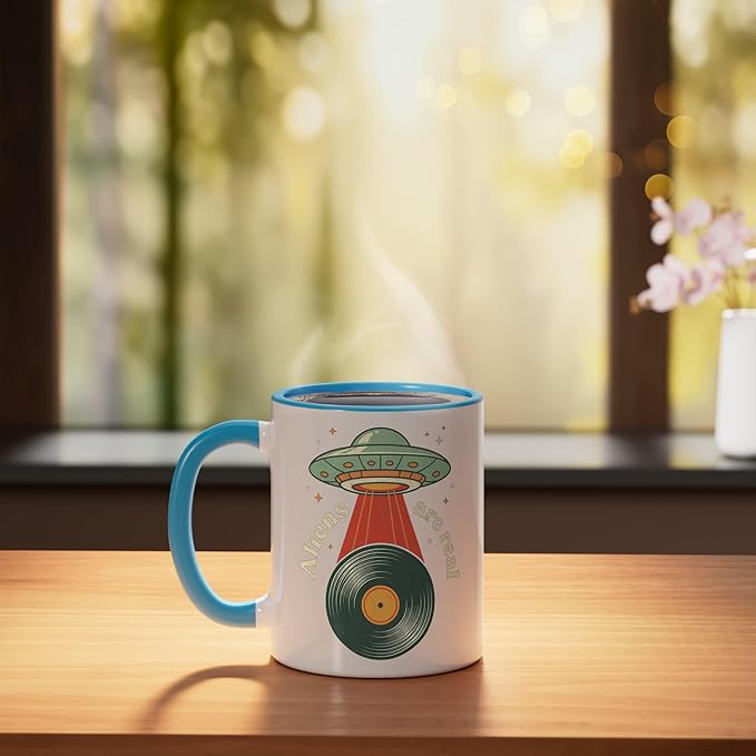 Vintage UFO Abduction Vinyl Record Player Retro Music Lover Ceramic Mug, Blue/White