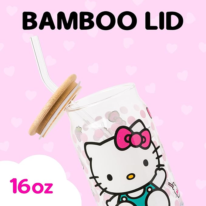 Silver Buffalo Sanrio Hello Kitty Strawberry Milk Bow Pink Polka Dot Glass Jar Tumbler with Bamboo Lid and Glass Straw, 16 Ounces