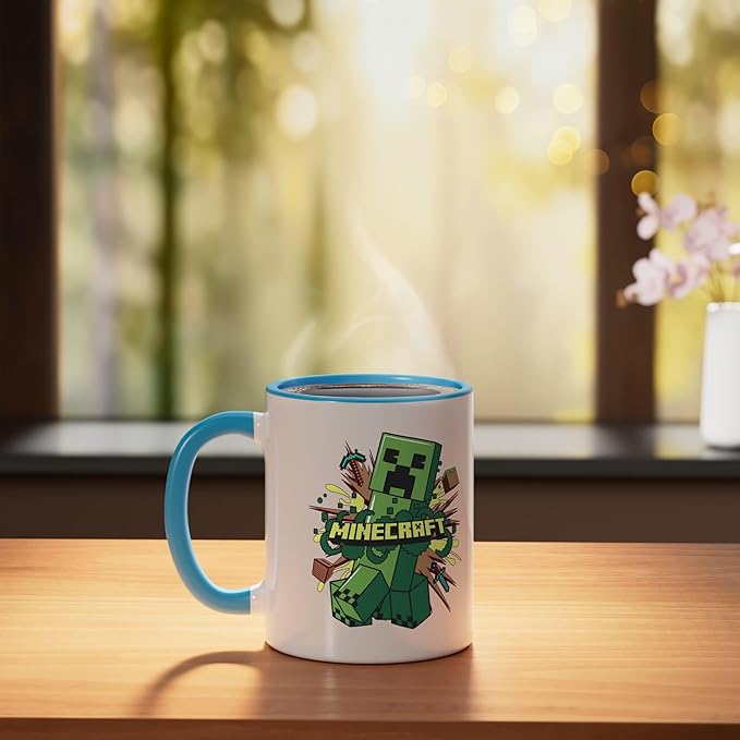 Minecraft Creeper Running From Explosion Ceramic Mug, Blue/White