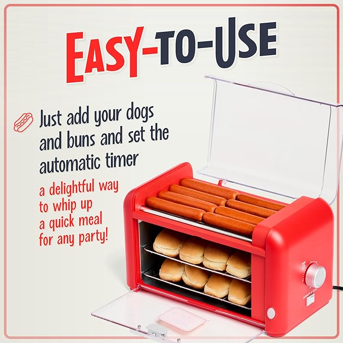 Nostalgia Oscar Mayer Extra Large 8 Hot Dog Roller & Bun Toaster Oven- Stainless Steel Grill Rollers for Cooking Veggie Sausages & Brats- Multi-Use Warming Oven with Adjustable Timer for Parties - Red