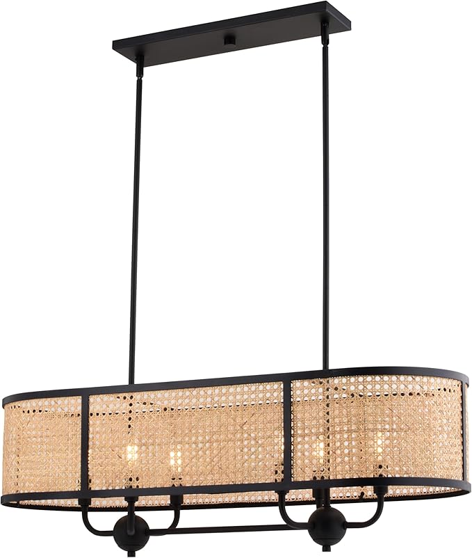 VAXCEL Berens 6L Linear Chandelier Island Pendant Fixture with Rattan Shade, Farmhouse Style Mounted Ceiling Lighting, Matte Black Finish