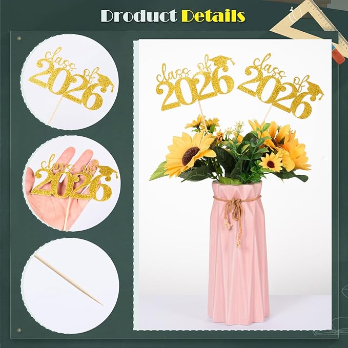 MixTeach 12 Pack Glitter Class of 2026 Graduation Centerpieces Sticks for Tables Double-Sided Congrats Grad Class of 2026 Cap Table Topper for Graduation Table Party Decoration Supplies (Gold)