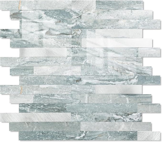 Yipscazo 10 Sheets Peel and Stick Stone Metal Tile Backsplash, Stick on Tiles for Backsplash Kitchen, Bathroom, Laundry Room, Camper, Fireplace (12'' X 12'', Polished Cyan)