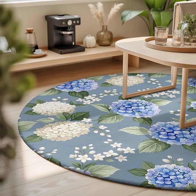 Washable Round Area Rug Watercolor Purple White Hydrangea Circle Rugs Floor Carpet for Living Room Bedroom, Spring Flower on Gray Blue Soft Non Slip Round Rug 3ft