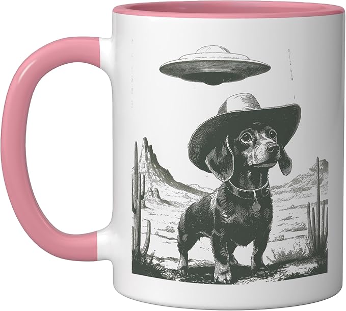 Funny Dachshund Cowboy Alien UFO Desert Dog Ceramic Mug, Pink/White