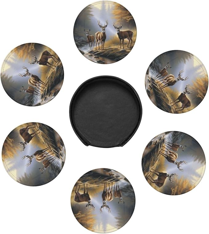 Animal World Wildlife River Edge Deers Leather Drinks Coasters with Holder, Set of 6, Suitable for Various Cups