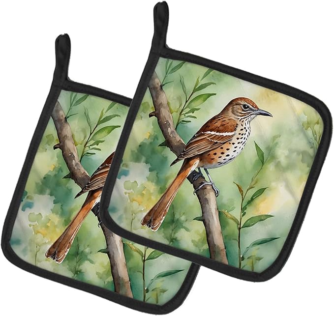 Caroline's Treasures Georgia Brown Thrasher Pair of Pot Holders Kitchen Heat Resistant Pot Holders Sets Oven Hot Pads for Cooking Baking BBQ, 7 1/2 x 7 1/2