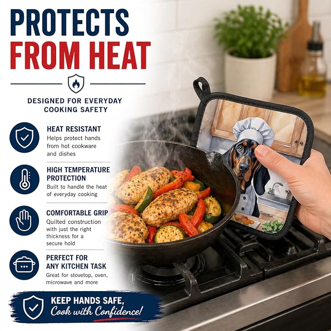 Caroline's Treasures Black and Tan Coonhound The Chef Pair of Pot Holders Kitchen Heat Resistant Pot Holders Sets Oven Hot Pads for Cooking Baking BBQ, 7 1/2 x 7 1/2