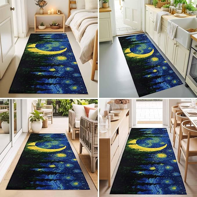 Runner Rug for Bedroom Hallway, Giant Moon Forest Expressionist Art Kitchen Runner Rugs Area Rug 2x6ft, Dreamy Night Navy Blue Washable Soft Floor Carpet for Entryway Stair