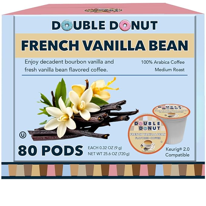 Double Donut Coffee French Vanilla Coffee Medium Roast Flavored Coffee Pods for Keurig K Cups Makers from Double Donut, 80 Count (Pack of 1)
