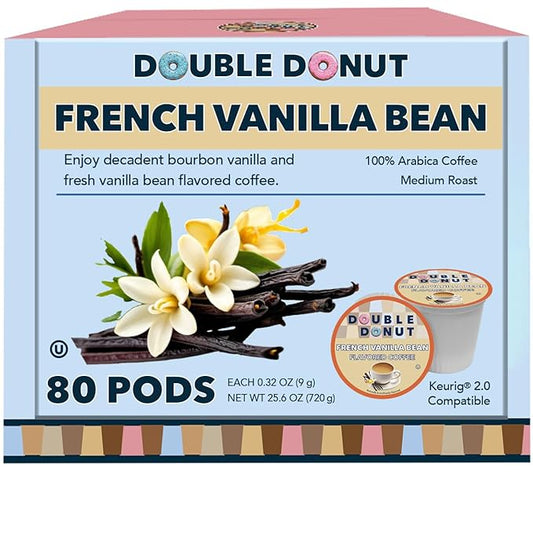 Double Donut Coffee French Vanilla Coffee Medium Roast Flavored Coffee Pods for Keurig K Cups Makers from Double Donut, 80 Count (Pack of 1)
