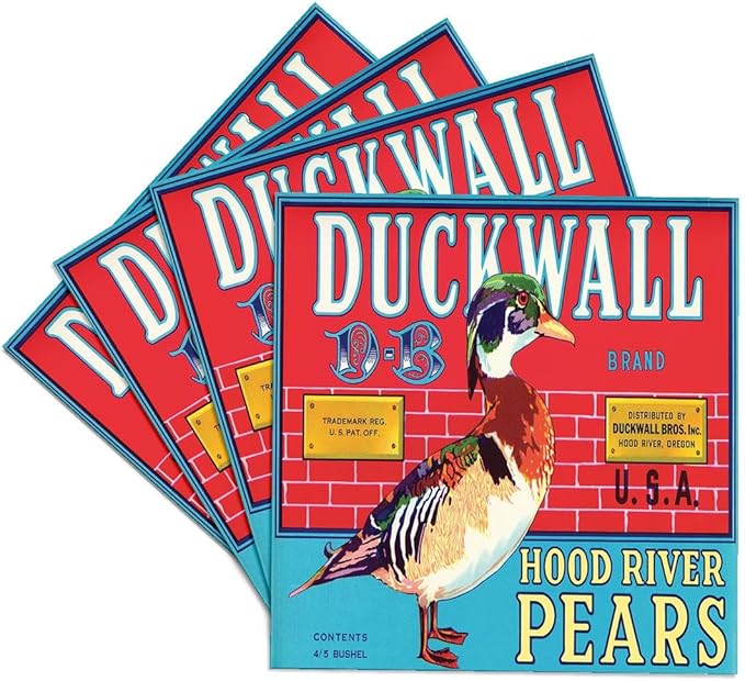 3dRose Duckwall Brand hood River Pears with a Mallard Duck Crate Label - Ceramic Tile Coasters, set of 4