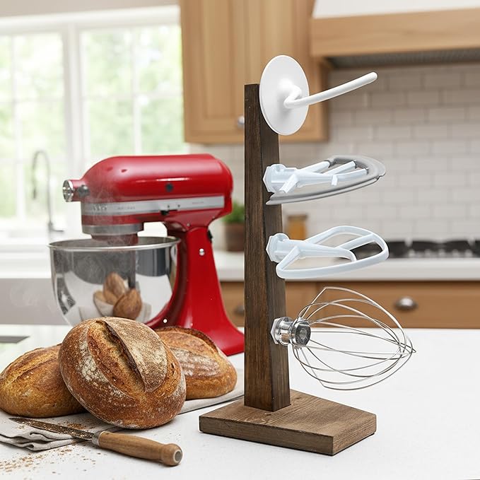 Besuerte Stand Mixer Attachment Holder, Wooden Counter Stand Holder with 4-pack Plastic Hangers Kitchen Accessories Storage Organizer Compatible with Kitchenaid Mixer Attachments for Space-saving