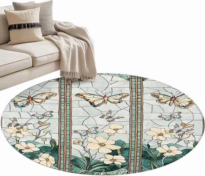 Washable Round Area Rug Spring Flower Colorful Butterfly Circle Rugs Floor Carpet for Living Room Bedroom, Vintage Green Plant Soft Non Slip Round Rug 4ft