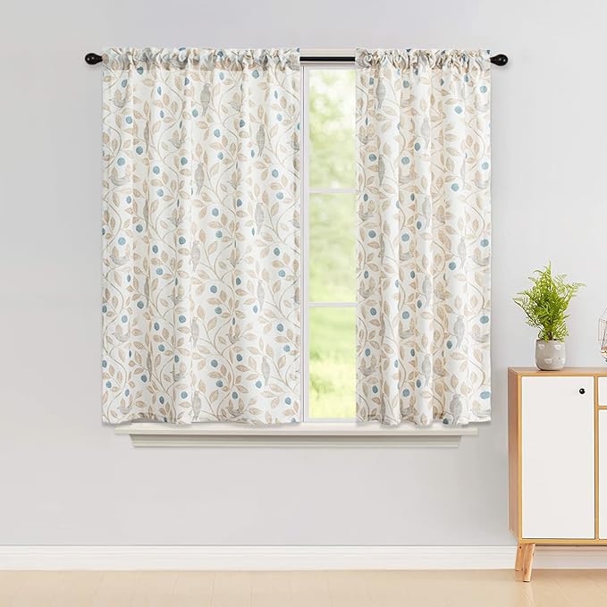 VOGOL Light Filtering Curtains, Rod Pocket Elegant Natural Window Treatments, Birds & Leaves Pattern Printed Panels for Living Room Bedroom Nursery, Set of 2, 42 x 45, Beige