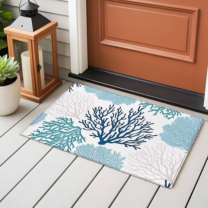 Area Rug 2x3ft, Classic Sea Blue Coral Washable Rugs for Living Room Bedroom, Abstract Marine Life Scenery Soft Non-Slip Area Rugs Rectangle Floor Carpet for Dining Room